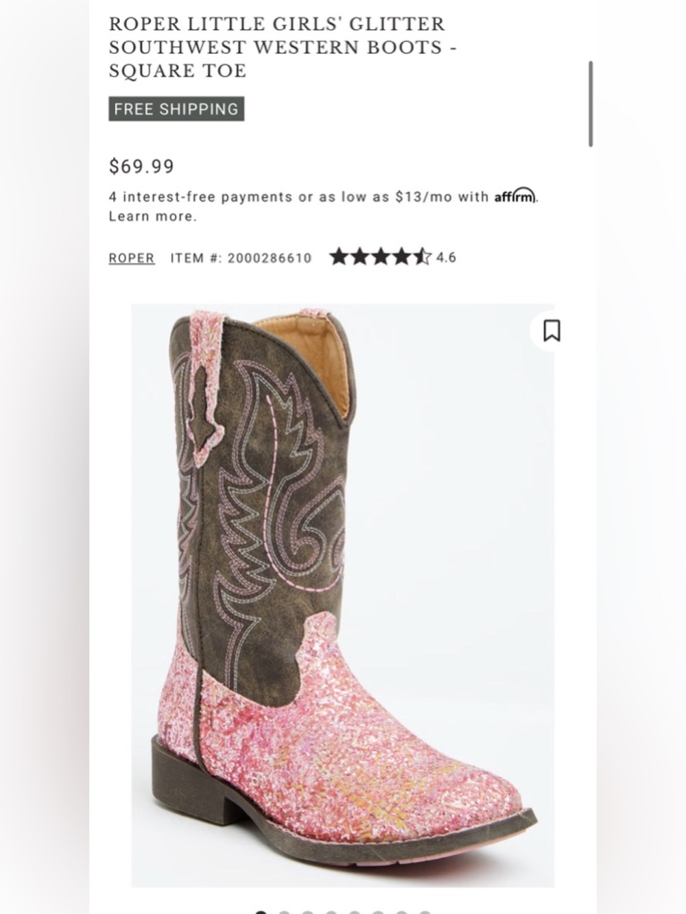 Roper Little Girls' Glitter Southwest Western Boots - Square Toe